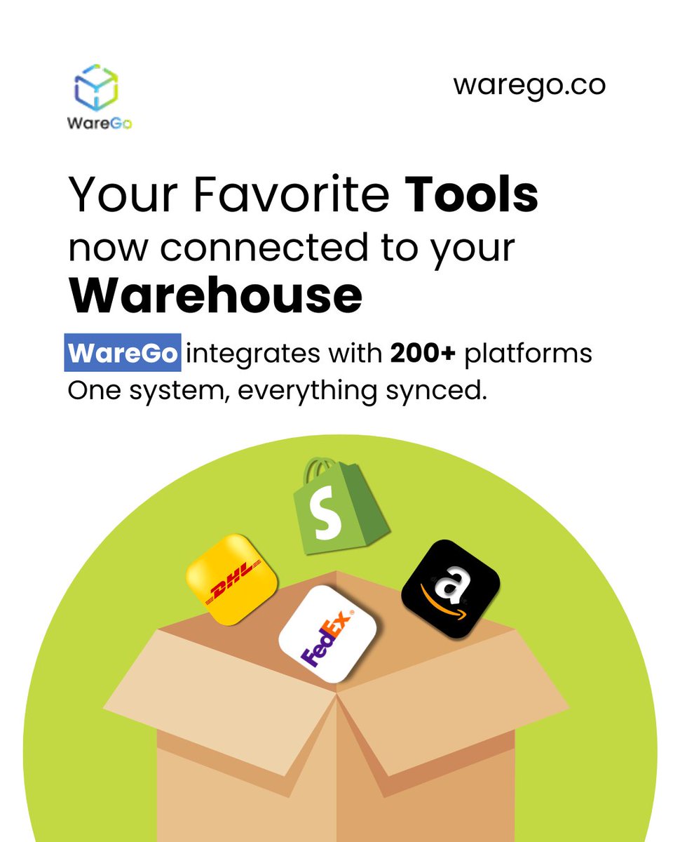 WareGoGlobal's tweet image. WareGo connects with 200+ platforms — Shopify, Amazon, FedEx, DHL, and more. 

One system, everything synced, zero manual entry. 

☑️ Book FREE Demo - warego.co

#WareGo #WMS #Logistics