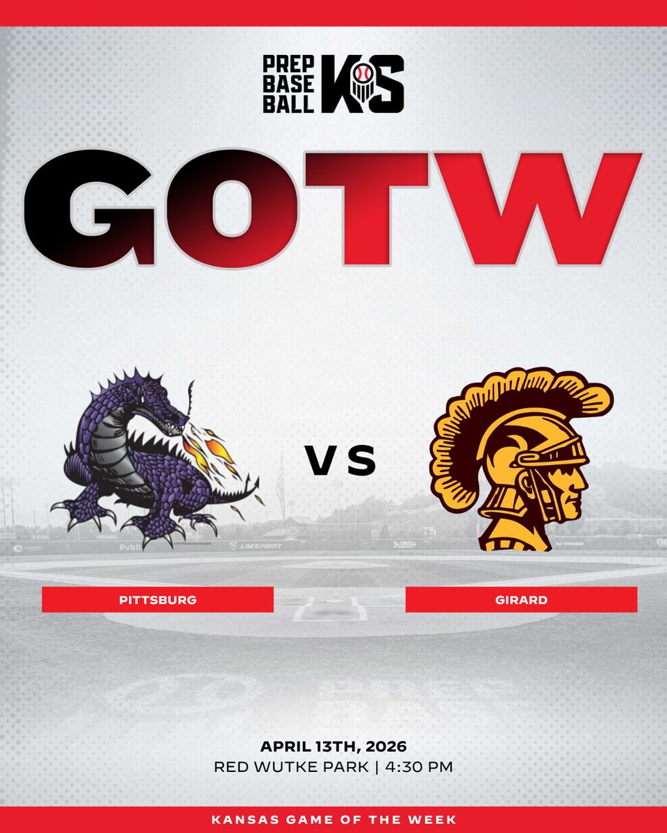 PrepBaseballKS's tweet photo. 𝐊𝐚𝐧𝐬𝐚𝐬 𝐆𝐚𝐦𝐞 𝐨𝐟 𝐭𝐡𝐞 𝐖𝐞𝐞𝐤 🔥 

Pittsburg 🆚 Girard

We're headed to Southeast Kansas as the Trojans put their undefeated record on the line against 5A foe Pittsburg.

Follow along on Twitter for our boots on the ground coverage tonight! https://t.co/0GN1O4Jb5m