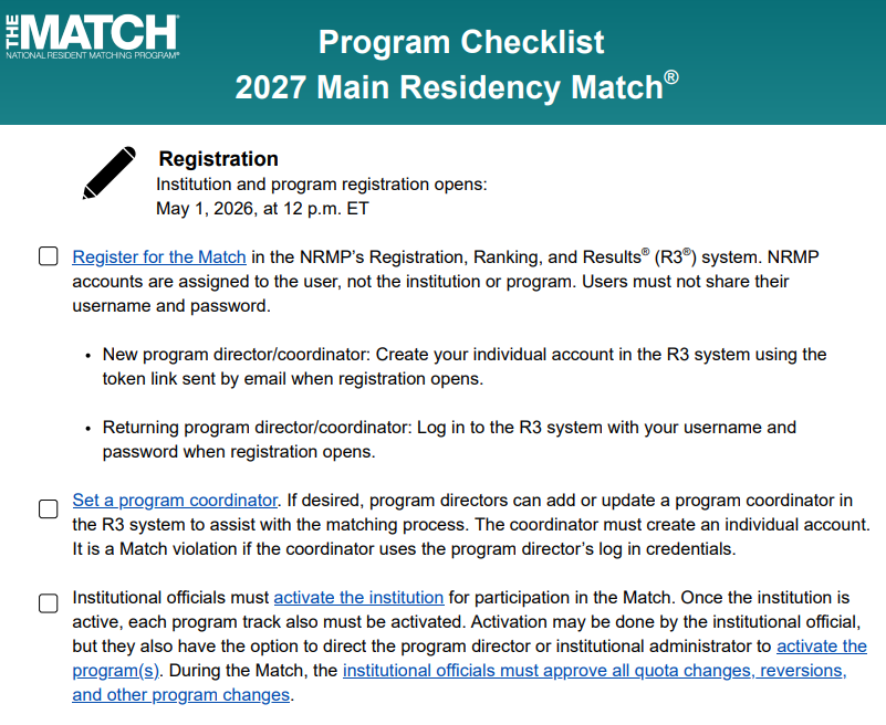 TheNRMP's tweet image. 📢New resource for residency programs and institutions participating in the Main Residency Match! 

Program checklist: ow.ly/jyxQ50YH5hy
Institution checklist: ow.ly/eZRs50YH5hz

#Match2027 #MedEd #NRMP
