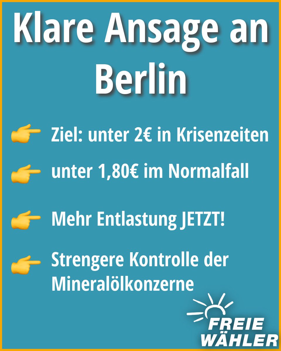 ⛽️ Spritpreise runter – aber richtig!

Die angekündigte Entlastung ist ein Schritt, aber längst nicht genug.
Für viele Menschen und Betriebe bleibt Tanken weiterhin zu teuer.

<a href="/HubertAiwanger/">Hubert Aiwanger</a>:
👉 Nur wenn Energiesteuer UND CO₂-Steuer sinken, kommen wir wieder unter 2€ pro
