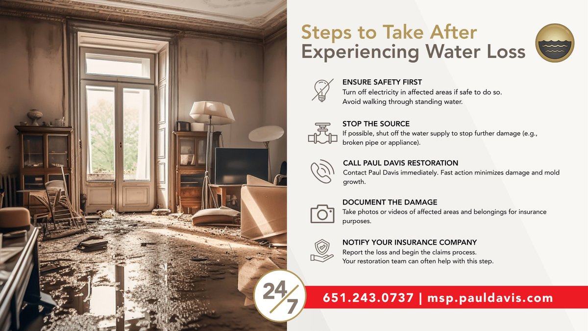 PaulDavisMSP's tweet photo. 💧 Water Damage? 
At Paul Davis of Greater MSP, our mitigation team responds quickly with professional water extraction, advanced drying equipment, and thorough moisture monitoring to stop the damage in its tracks.

📞 Available 24/7 #Propertyrestorationexperts https://t.co/VJ89VJGCVa