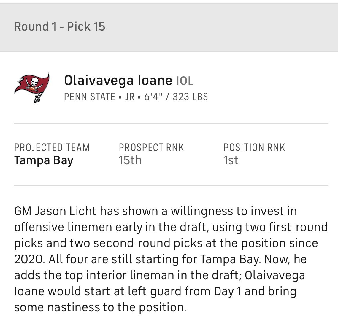 SleeperTBBUCS's tweet image. Zachary Pereles of @CBSSports has an interesting selection for the #Buccaneers, having them select @PennStateFball IOL Olaivavega Ioane at pick 15. 

What do we think #WeAreTheKrewe? 🤔
