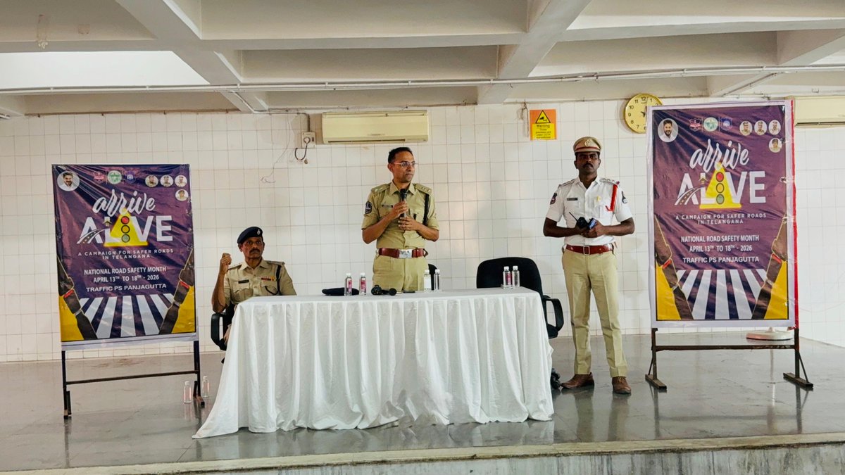 shotr_pgt's tweet photo. On 13-04-2026, the “Arrive Alive” road safety awareness program was conducted at Kamma Sangam Functional Hall, Ameerpet, where Sri Avinash Kumar, IPS,DCP Traffic, Sri S. Mohan Kumar ACP Khairatabad and Sri P.V.Rama Prasad Inspector of Tr.P.S.Panjagutta addressed the participants. https://t.co/oTv0xj0yJE