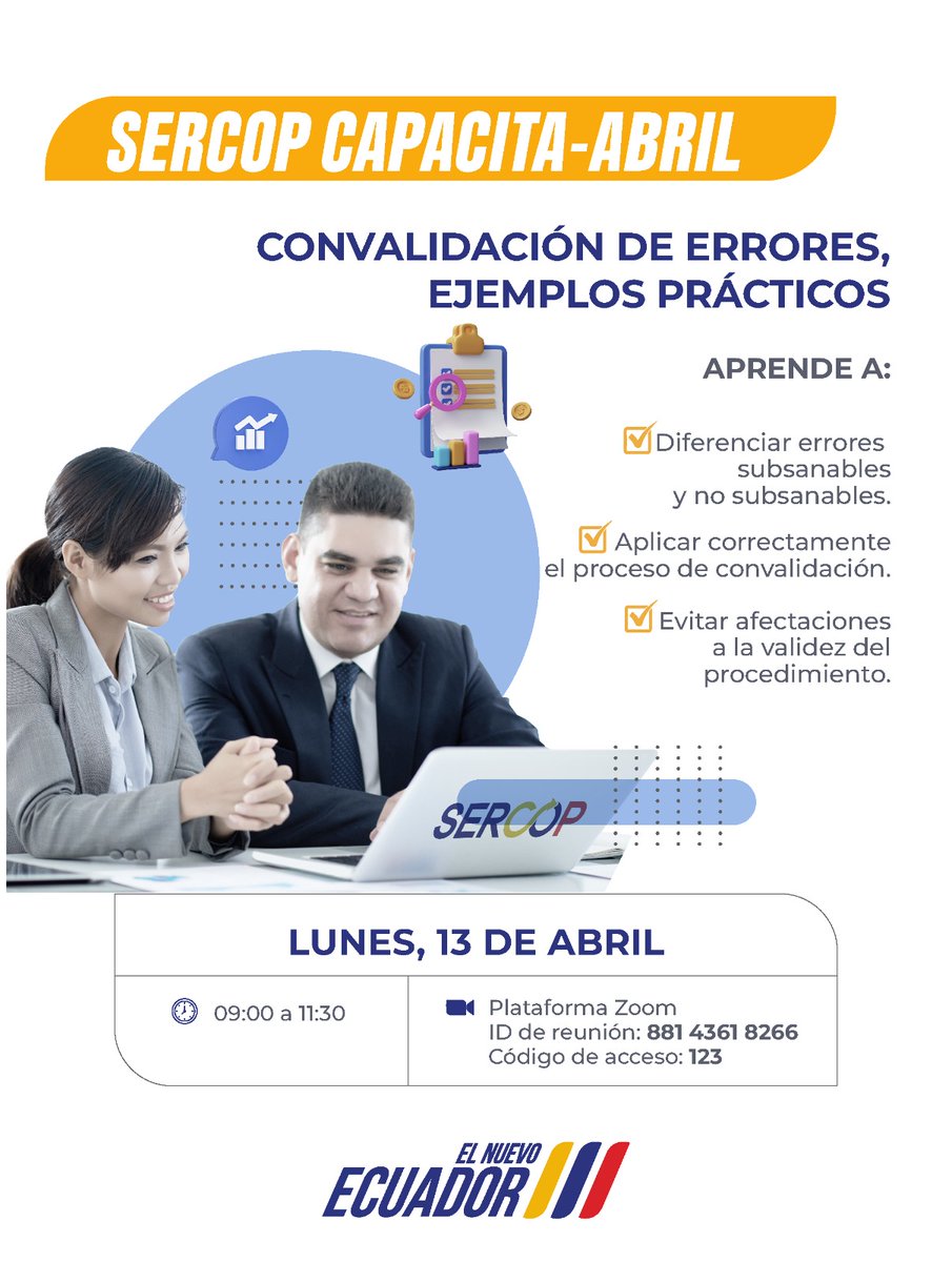 SERCOPec's tweet image. 📌#SercopCapacita | Este lunes 13 de abril, de 9:00 a 11:30, asiste al webinar sobre: “Convalidación de errores, ejemplos prácticos”

✅ Ingresa a: url-shortener.me/KNEA
👩‍💻 ID: 881 4361 8266
➡️ Código de Acceso: 123

#ElNuevoEcuador🇪🇨