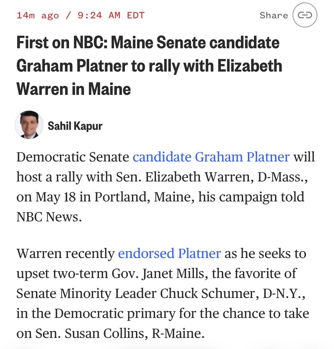 PollTracker2024's tweet photo. NBC News: Senator Elizabeth Warren (D-MA) will hold a rally with Maine Democratic Senate candidate Graham Platner in Portland, ME on May 18 https://t.co/MxAdL8CJZ1