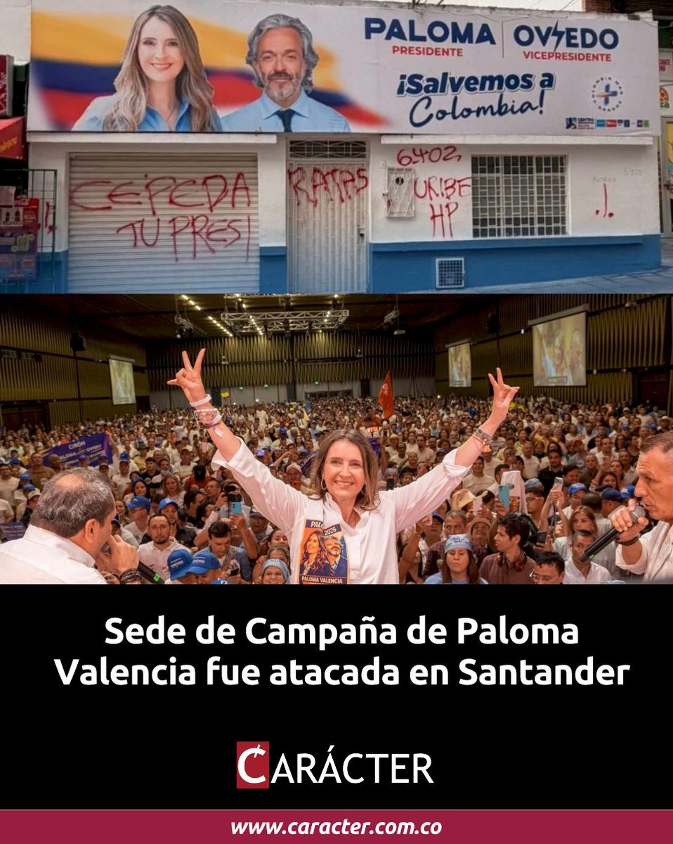 Caracter_la's tweet photo. La campaña de la candidata presidencial Paloma Valencia denunció que una de sus sedes en Bucaramanga fue objeto de actos vandálicos, luego de que un grupo de personas realizara grafitis y dejara mensajes ofensivos en el lugar. Ver: https://t.co/9XigTdIvwA #Denuncia https://t.co/3pR4BmtH2P