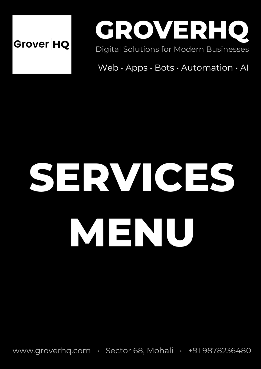 Grover_HQ's tweet image. Full Services Menu — Part 1  
Websites, Online Selling, CRM  

#GroverHQ #DigitalSolutions #MSME #Automation #TechForBusiness