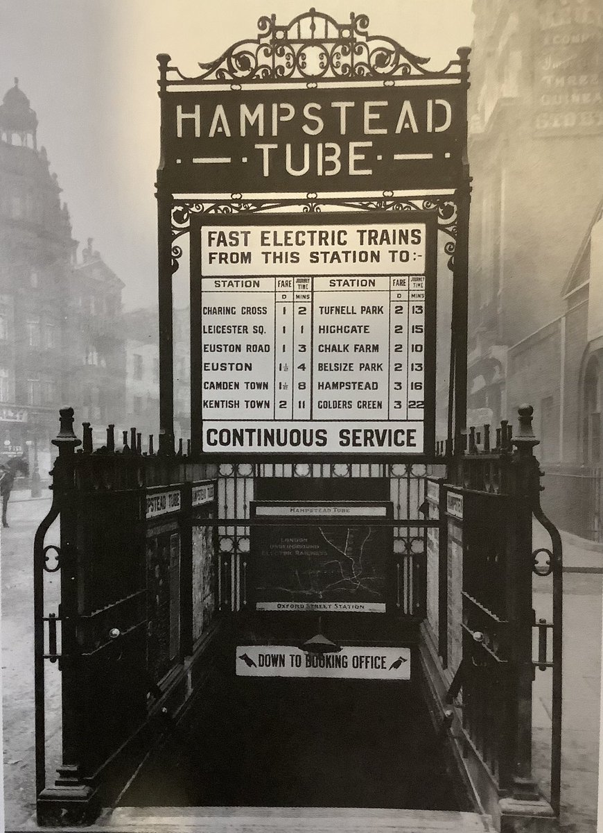 HampsteadReads's tweet photo. “1907 view of an entrance to the #Hampstead Tube at Oxford Street station (now Tottenham Court Road). The list of possible destinations is supplemented with journey times, fares, and an early network map on the railings.” Maxwell J Roberts, Underground Maps Unravelled, p10 https://t.co/w4atOajoWR