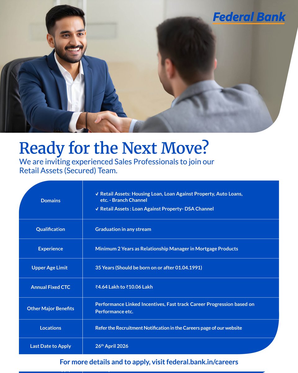 FederalBankLtd's tweet photo. Take the next step in your career with Federal Bank.
We are looking for experienced sales professionals to join our Retail Assets team.
Apply now and grow with us!
#FederalBank #CareerOpportunity #PerfectBankingPartner #Job https://t.co/089O6nwTAr