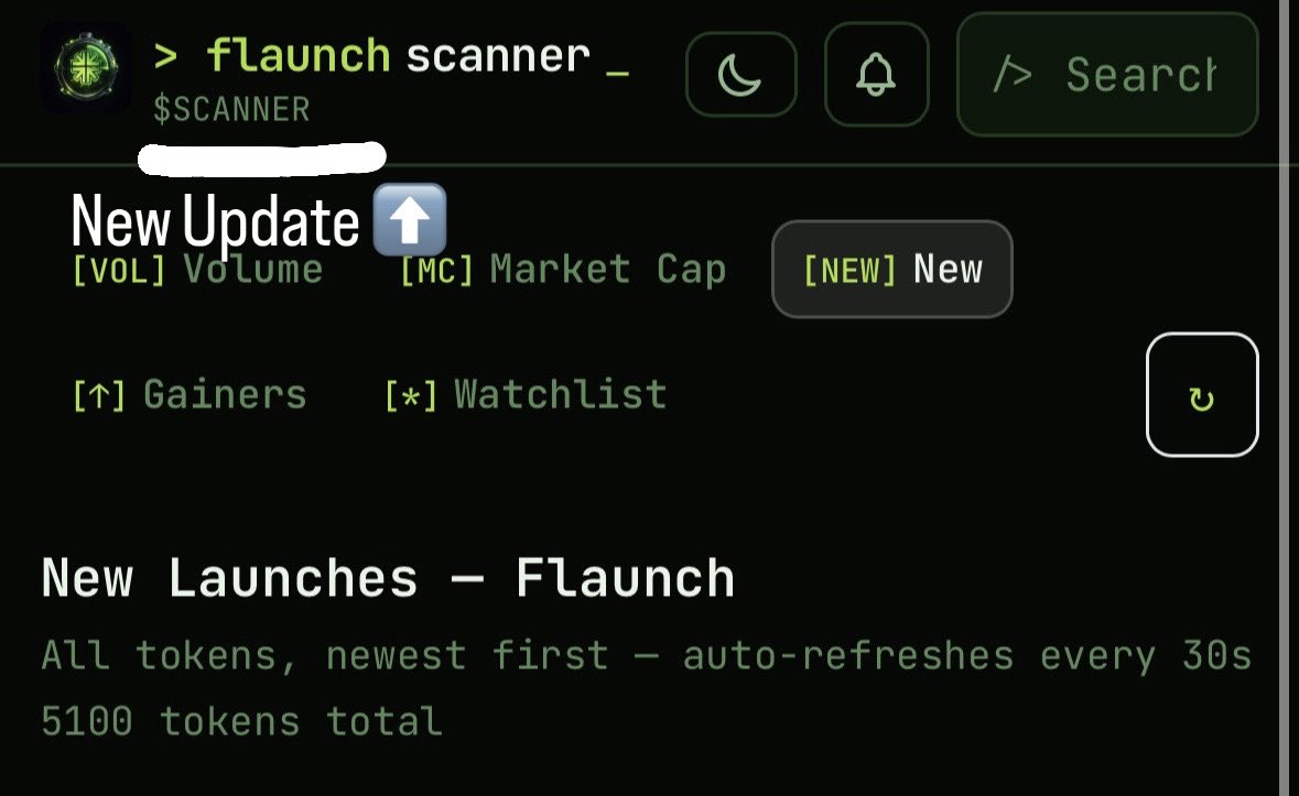 flaunchscanner's tweet photo. New Update website 

• $SCANNER contract 
•🔔 Alert New launches on @flaunchgg token https://t.co/NiwtQTpjL3