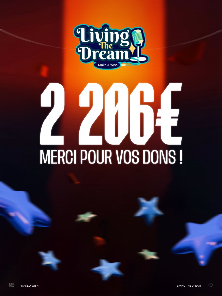MERCI POUR VOTRE MOBILISATION ❤️❤️❤️

2 206€ ont été récoltés ce week-end lors de notre participation à l'événement #LivingTheDream grâce à vos dons pour réaliser les rêves des enfants malades ✨ 

Un grand merci à <a href="/MakeAWishFrance/">Make-A-Wish France</a> pour tout ce que vous faites 🫶