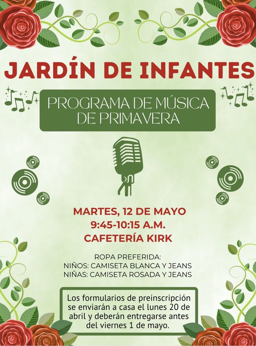 KirkElementary's tweet image. Join us for the Kindergarten Spring Program on Tuesday, May 12! #KirkCan

¡Acompáñenos al Programa de Primavera de Kindergarten el martes 12 de mayo!