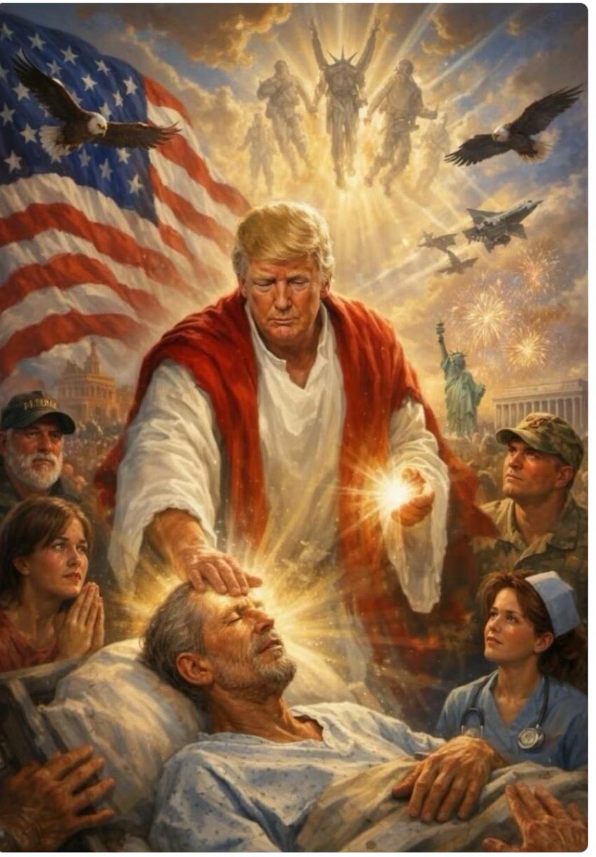 GetTheDailyDirt's tweet image. THE VERY STABLE MAGA CULT GENIUS: Linda Wahlberg Don't Say That "Daddy Trump", 79, Is In Mental Decline Just He Posts Himself As Christ After A Bonkers Attack On The Pope... 

#OMG... The image depicts Trump as Jesus healing a sick person with his touch...  

#SMH... It only gets