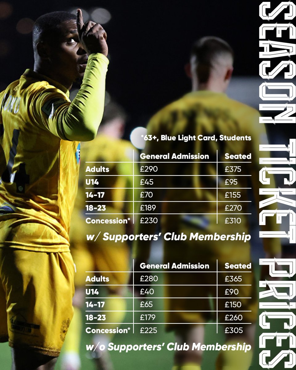 suttonunited's tweet photo. ℹ️ We are pleased to announce that season ticket prices have been reduced for the 2026/27 campaign

Season ticket renewals will start on Monday, 20th April at 10am 🎟️