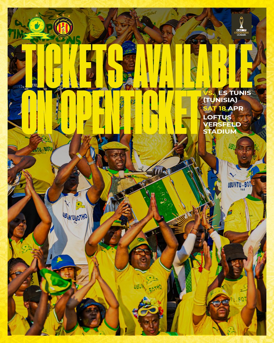 𝗕𝗔𝗖𝗞 𝗛𝗢𝗠𝗘 𝗙𝗢𝗥 𝗔 𝗕𝗜𝗚 𝗢𝗖𝗖𝗔𝗦𝗜𝗢𝗡 🎟️

A decisive CAF semi-final second leg awaits at Loftus in front of the Yellow Nation! 🟡

Early bird tickets available now from R40 🎟️ bit.ly/DownsTunis

#Sundowns #TotalEnergiesCAFCL #AreyengMasandawana
