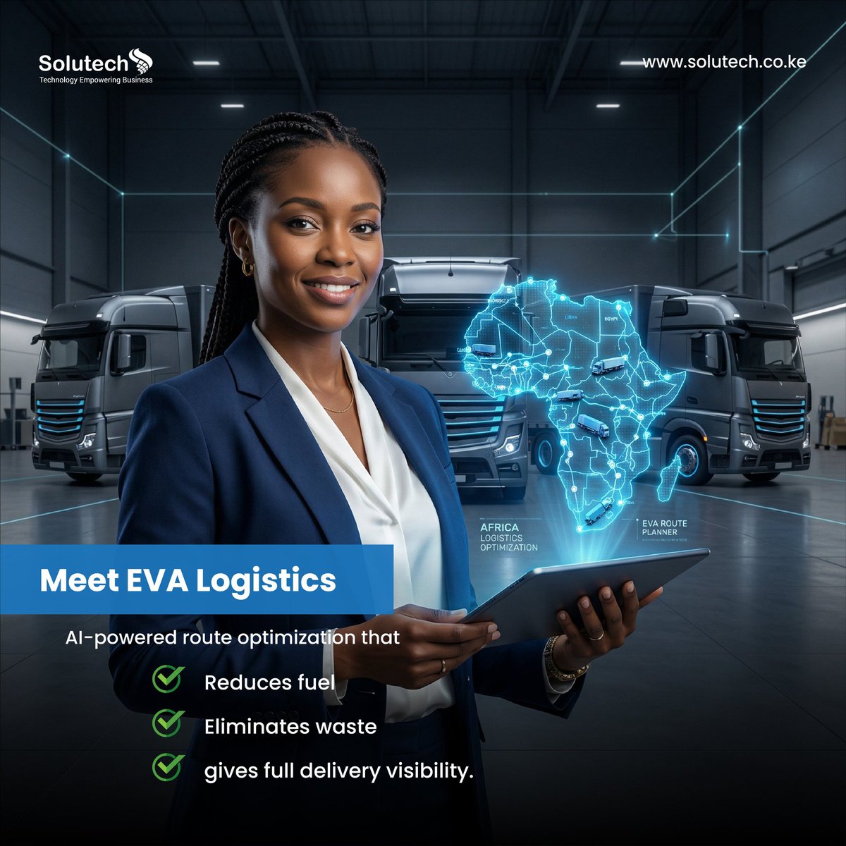 SolutechLimited's tweet image. Fuel costs draining your margins? Meet the AI built to fix that.
EVA- Logistics optimizes every route, cuts waste, and gives your team full delivery visibility  across every road in Africa.
Explore - solutech.co.ke/eva-ai
#SmartLogistics #RouteOptimization #SupplyChainAfrica