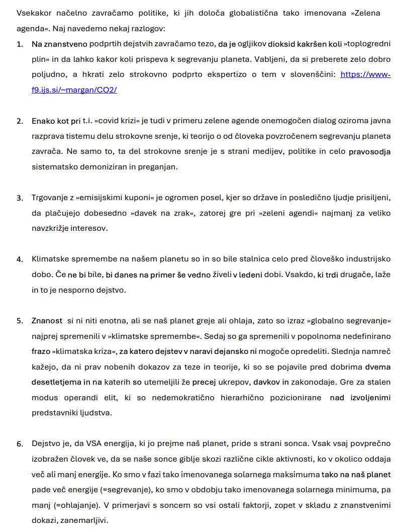 Na tako pomemben polozaj izvoliti cloveka, ki vehementno negira znanstvena dejstva o cepivih, podnebnih spremembah itd. je neodgovorno.

Spodaj izsek iz programa stranke Resnica, s "top shop" narativom: "vsak vsaj povprecno izobrazen clovek ve..."

Vir: stranka-resnica.si/wp-content/upl…