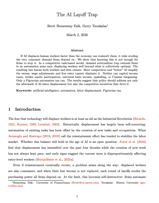 DataChaz's tweet image. 🚨 The "AI Layoff Trap" has been mathematically proven by UPenn &amp;amp; BU researchers.

They warn that replacing workers with AI will trigger an economic collapse, and CEOs are stuck in a Prisoner’s Dilemma.

100K+ tech layoffs in 2025. 52,000 more in early 2026.

IBM &amp;amp; Salesforce are
