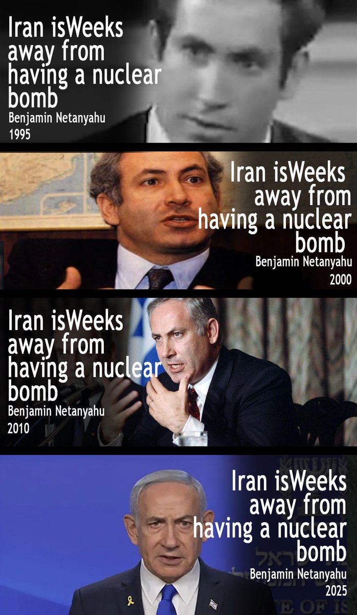 ApartheidReview's tweet image. Iran is weeks away from having a nuclear bomb
Netanyahu 1995, 2000, 2010, 2025.

#Netanyahu &amp;amp; #Israel lobby in the United States have brought us to an unwanted regional war which is way far from US foreign interests.

Ban Israel Lobby