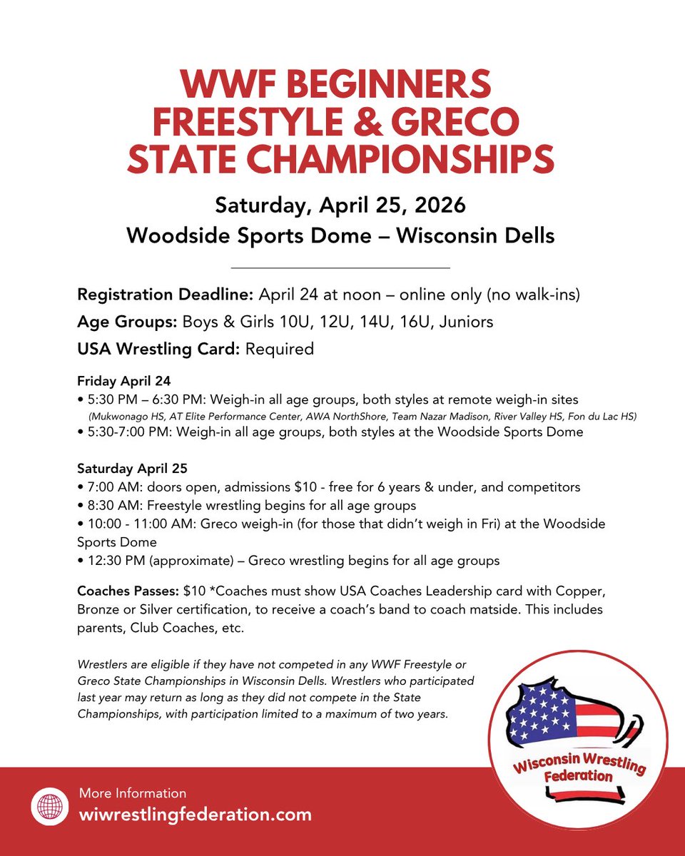 Register for the WWF Beginners Freestyle &amp; Greco State Championships! 

This is a great opportunity for Wisconsin wrestlers to try out the Olympic styles against competition with similar experience

Register ONLINE only—closes at noon on April 24 🔗: usawmembership.com/usaw_events/26…