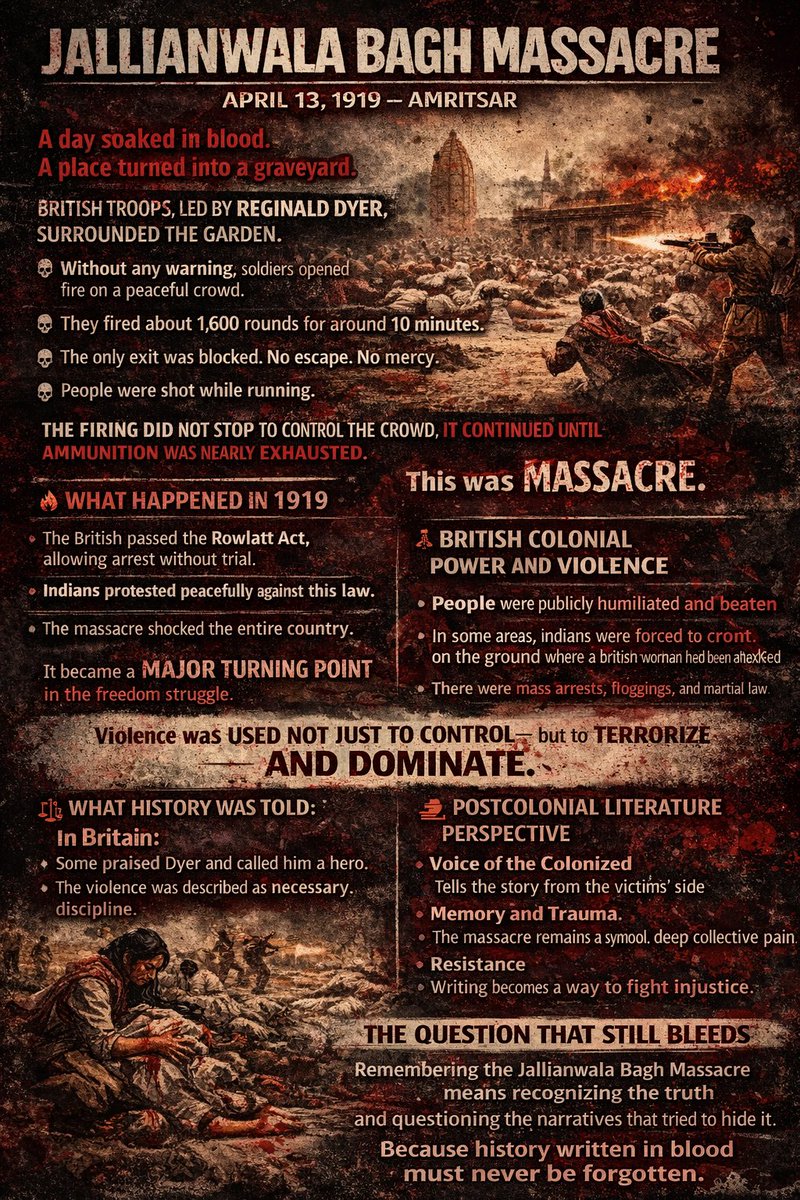 Inshilious's tweet image. Remembering the Jallianwala Bagh Massacre means recognizing the truth and questioning the narratives that tried to hide it.

#History #JallianwalaBagh #ColonialHistory #RememberingThePast