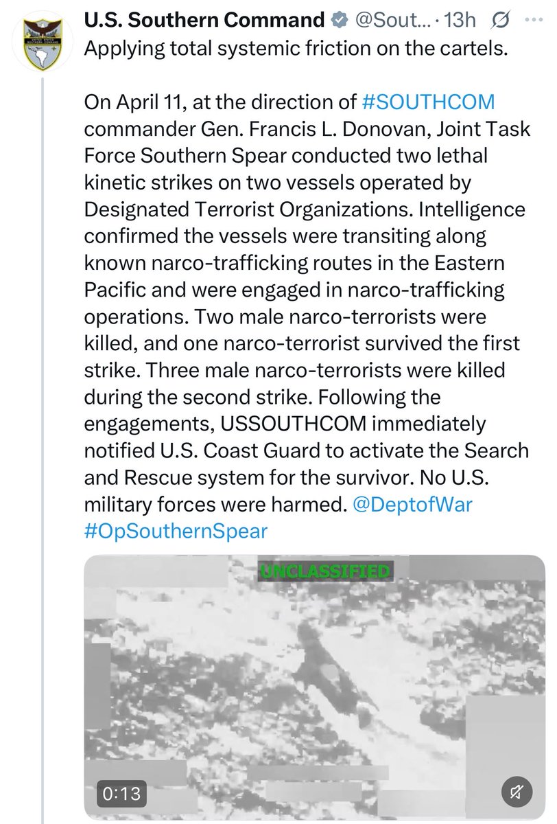 TamanishaJohn's tweet image. 162 Caribbean and Latin American people extrajudicially murdered by US airstrikes against boats in the region. SOUTHCOM announced that on April 11th, it murdered 5 people in 2 separate boat strikes off South America’s Pacific Coast. SOUTHCOM claims to be searching for 1 survivor.