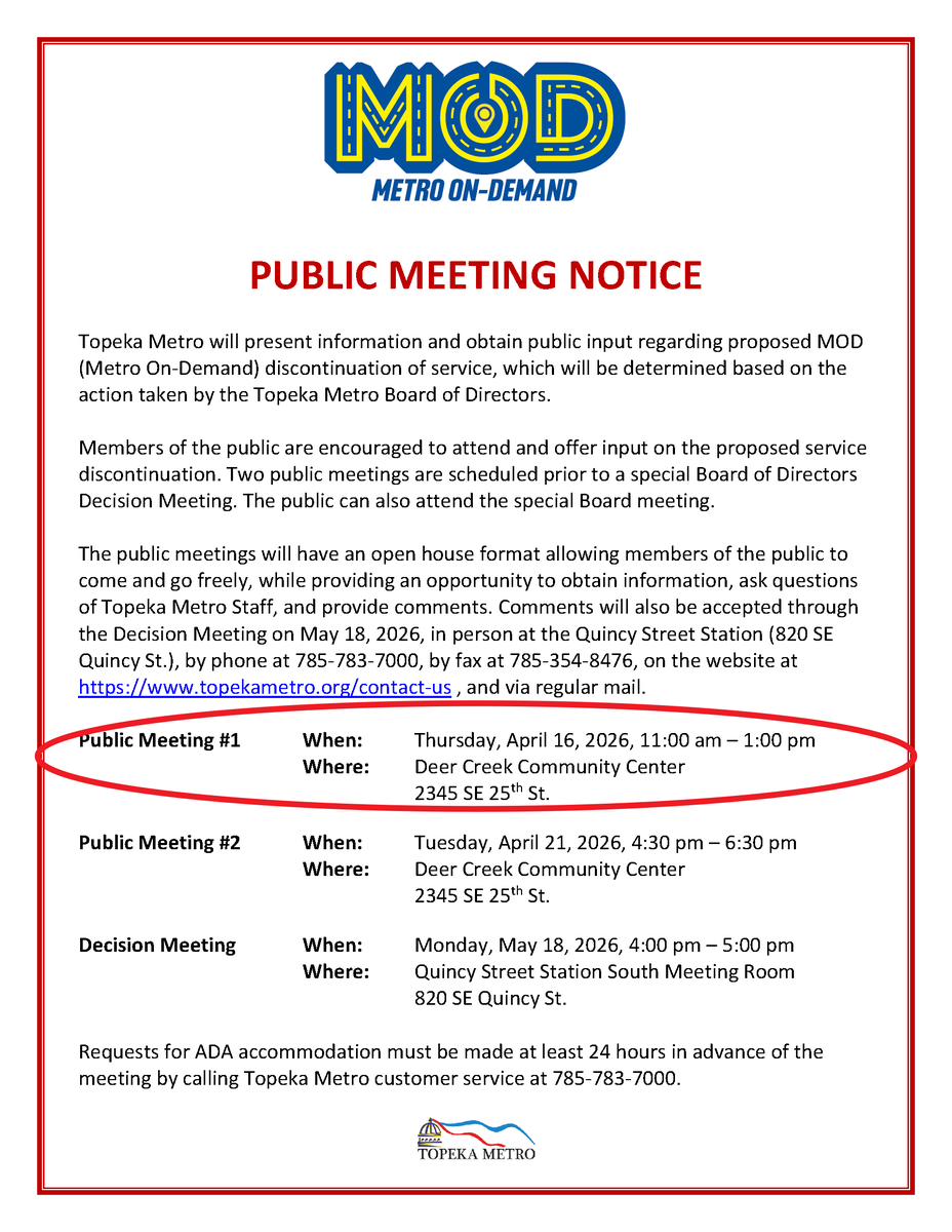 TopekaMetro's tweet photo. The first Public Meeting for the MOD (Metro On-Demand) microtransit service is Thursday, April 16 from 11AM-1PM @ Deer Creek Community Center. Check the notice (attached) for more information or go to https://t.co/SqeRkKEQYS or send your response to https://t.co/fNuWEoontQ. https://t.co/2qqZeQz6aI