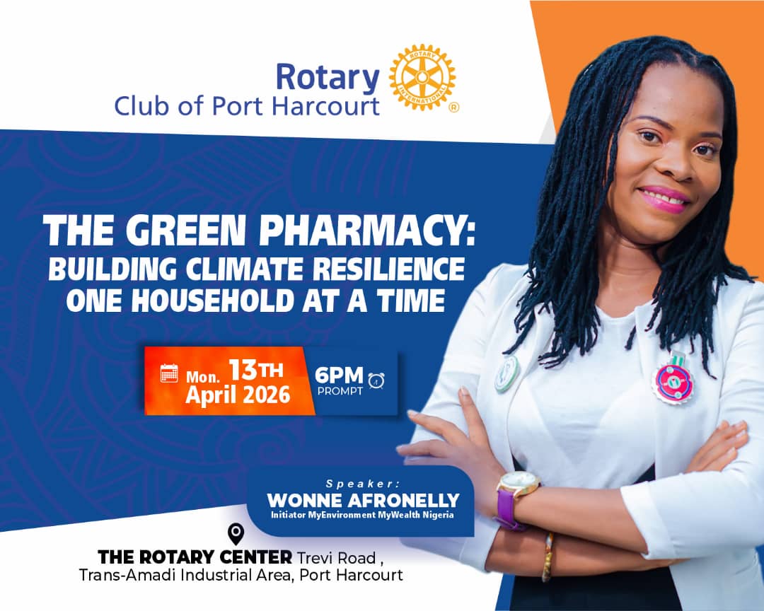 myEmyWEALTH's tweet photo. Join our Initiator @wonneafronelly today at Rotary Port Harcourt meeting, learn actionable solutions to mitigate air pollution in every household - Emphasising Rotary International's 7th Area of Focus on "Protecting the Environment for a greener future". 

@Rotary

#TheECOpledge https://t.co/wnVCRrp7Xu