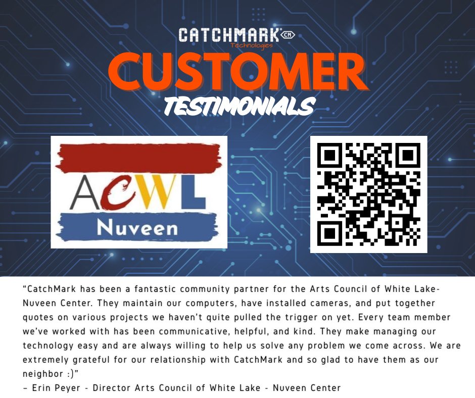 CatchMarkIT's tweet image. Customer Testimonial Spotlight

We’re grateful to partner with the Arts Council of White Lake–Nuveen Center and support their technology needs. Thank you for trusting CatchMark—and for being such a great neighbor. 💙

#CatchMarkTechnologies #CustomerTestimonial #CommunityPartner