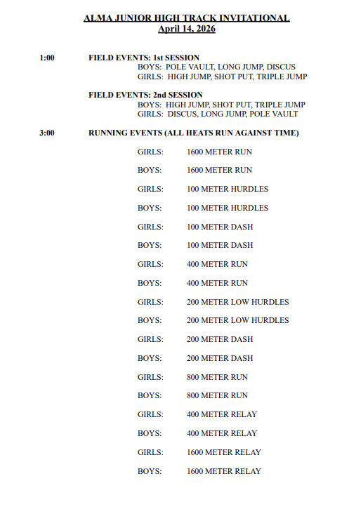JHTr: Hi-Line at Alma Invite (@ Alma) Tuesday, April 14th, 2026 starting at 1:00 PM with Field Events and 3:00 PM with Running Events. #gobulls