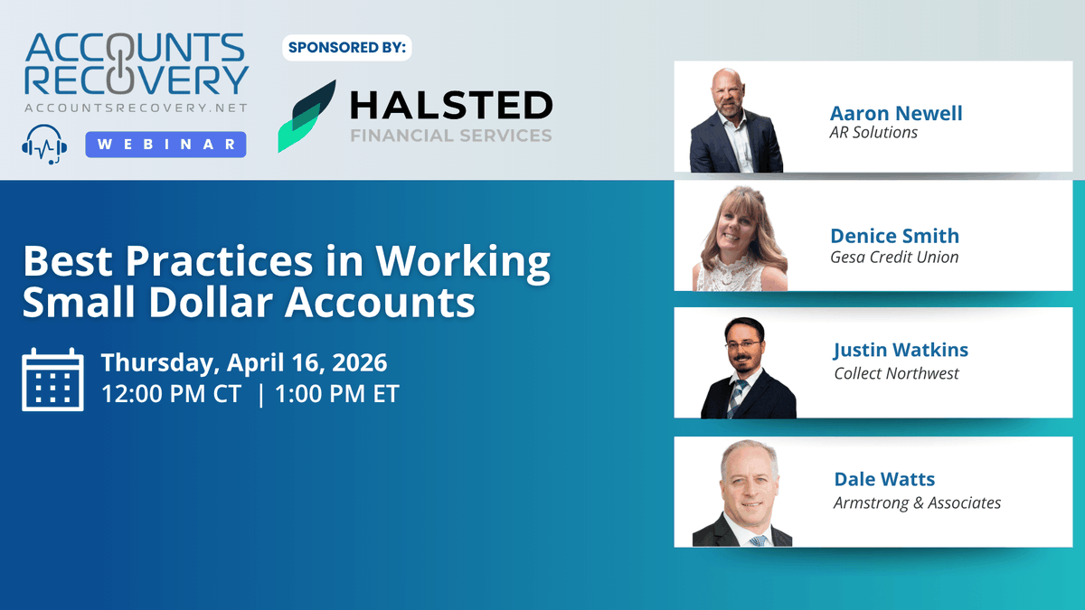 HalstedLLC's tweet photo. We are excited to be sponsoring an upcoming https://t.co/5oJvpFq6RS webinar. The event will be held on Thursday, April 16 @ 1pm ET. The topic is, "Best Practices in Working Small Dollar Accounts." Click here to register: https://t.co/u8ZyjTqXts https://t.co/SlTWeN8KoS