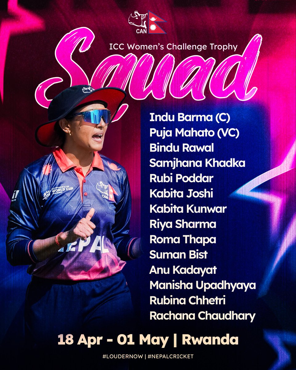 CricketNep's tweet image. 🇳🇵Squad for ICC Women’s Challenge Trophy 📢

#LouderNow | #NepalCricket