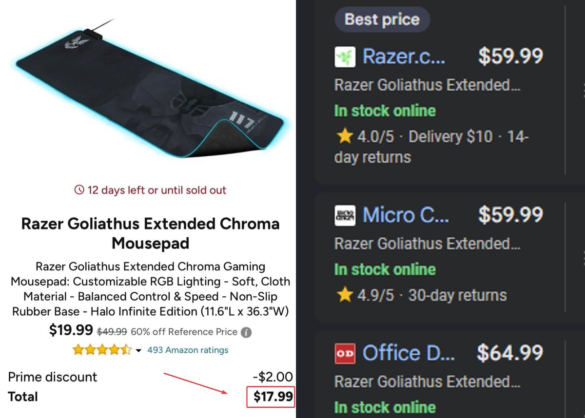 Pricerrors's tweet photo. $18 RAZER GAMING RGB MOUSE PAD

Other retailers has it listed for $58+

Free shipping for Amazon Prime members.

https://t.co/su0GXaj4m8 #ad