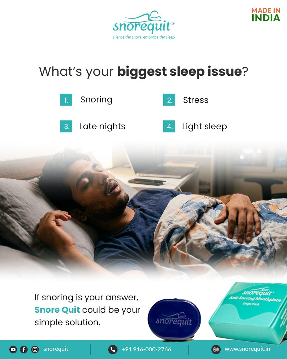 SnoreQuit's tweet image. What’s your biggest sleep issue?

A) Snoring
B) Stress
C) Late nights
D) Light sleep

If snoring is your answer, Snore Quit could be your simple solution.

🛒 Buy now: snorequit.in/product/anti-s…
📞 Call us: +91 916-000-2766

#SnoreQuit #SleepAwareness #PollTime #BetterNights