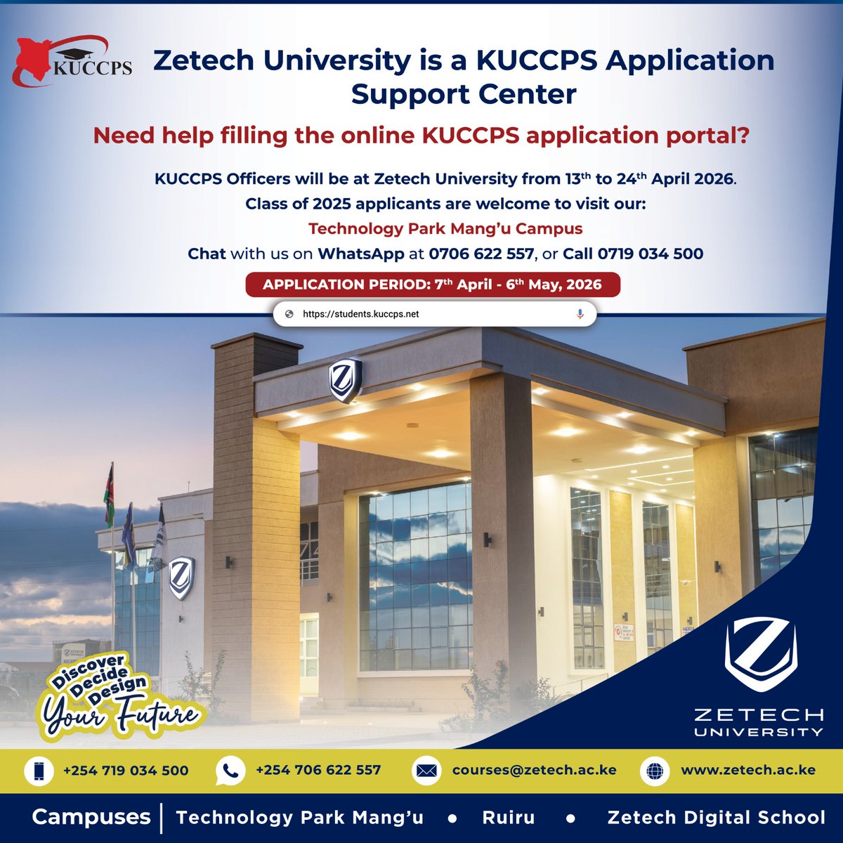 ZetechUni's tweet photo. Need help with your KUCCPS application? Usisumbuke sana❗You’re not alone, we’re here for you. 🤝
 
Zetech University is a #KUCCPS Application Support Centre, offering guidance to all students and the #KCSE Class of 2025 navigating the application process. 
Whether you’re applying to Zetech or exploring other institutions, our team is ready to assist you every step of the way.

📅 Support available: 13th – 24th April 2026 📍 Open to all—Karibu!

#KUCCPS2026 #ZetechUniversity #UniversityEducation #KUCCPSPortal
