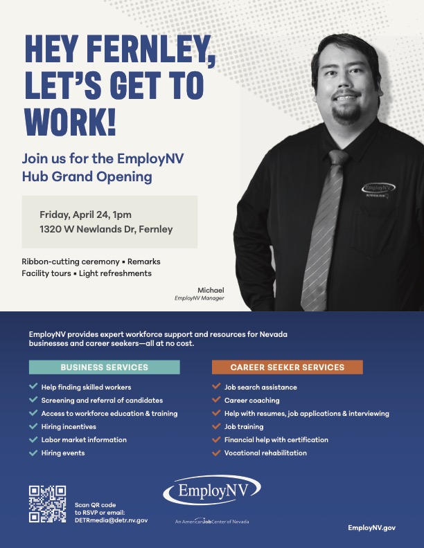 DetrNevada's tweet image. Great news, Fernley! Businesses and job seekers will soon have an EmployNV Hub. Join us on April 24, at 1PM for the grand opening celebration. Get a tour and meet the team. 1320 W. Newlands Dr.

#WorkforceDevelopment #Hiring #LaborMarket