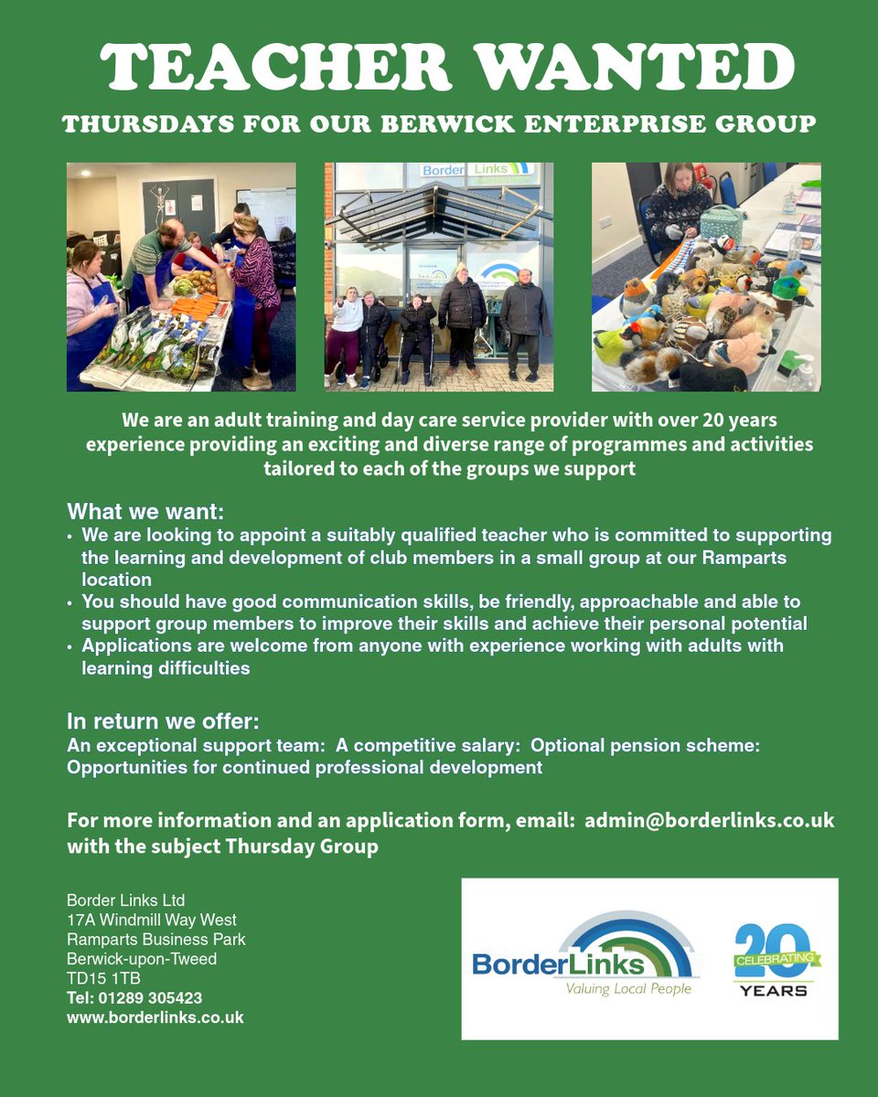 Join the Border Links team! We're seeking a qualified teacher for our Thursday Enterprise group at Ramparts, Berwick. Apply now! admin@borderlinks.co.uk border.inks.co.uk 01289 305423 #InclusionMatters #DisabilityAwareness