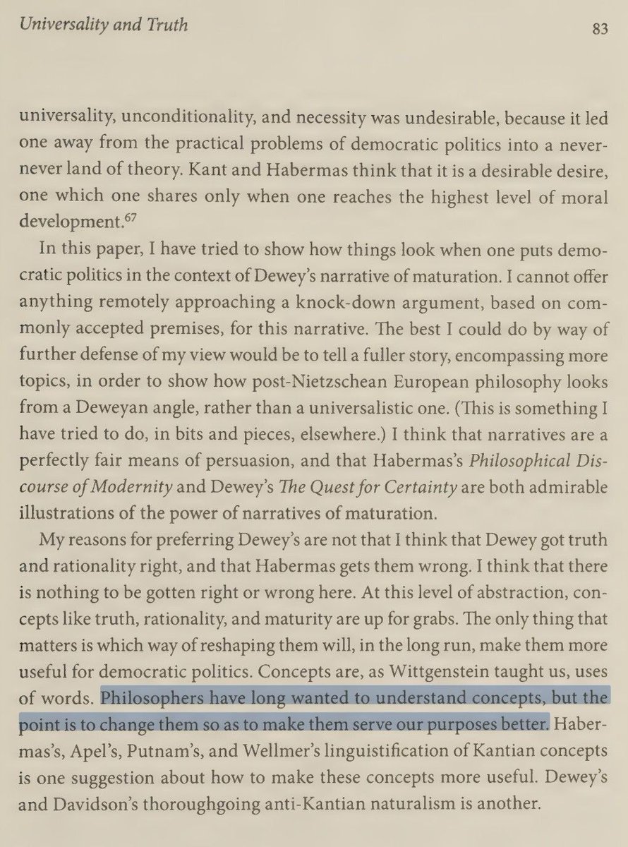 RortyQuotes's tweet image. Philosophers have long wanted to understand concepts, but the point is to change them so as to make them serve our purposes better.
PasAA p.83
#Pragmatism
#Rorty
#Concepts