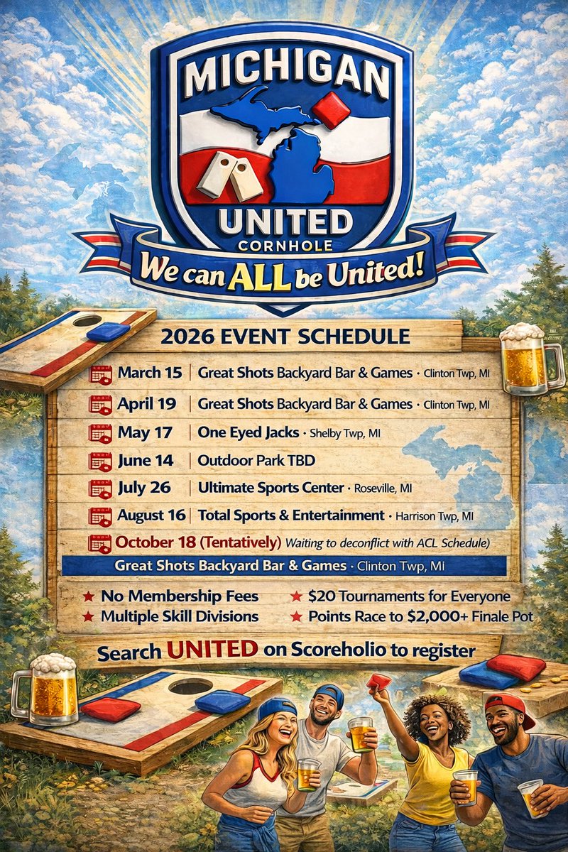 IMakeGreatShots's tweet image. This Sunday is our second United tournament! Register for singles or find a doubles partner. Join us for friendship and competition in the cornhole community

Mark your calendars for June 14th, when we'll announce our OUTDOOR location

#united #MichiganUnited #cornhole #community