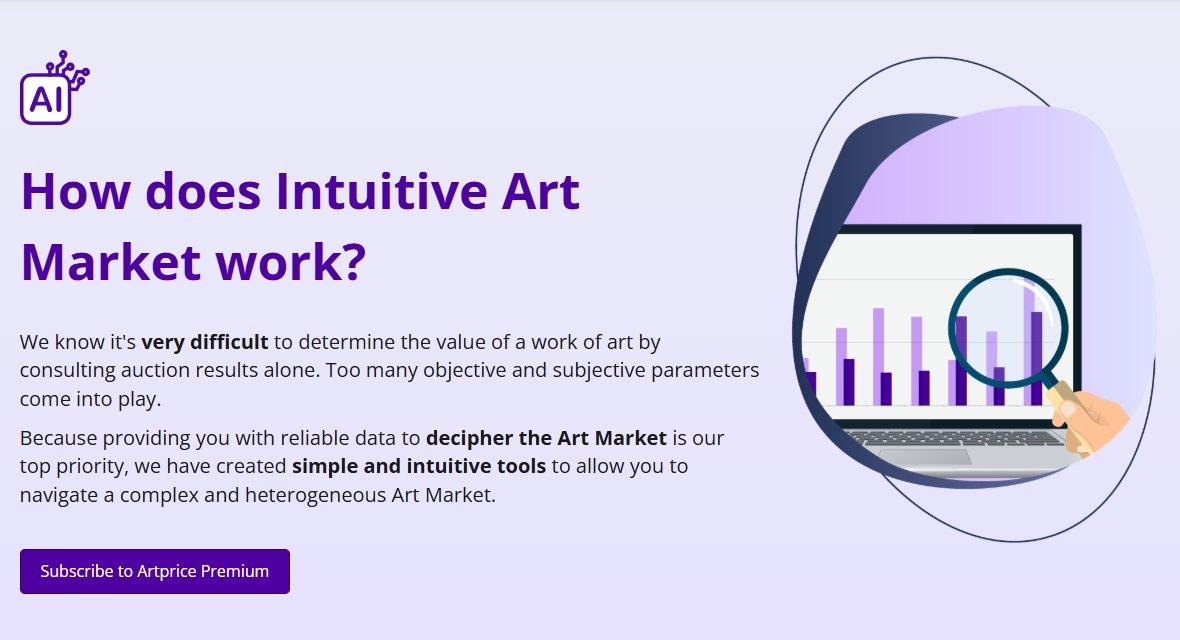 artpricedotcom's tweet image. How does Intuitive Art Market work? #IntuitiveArt #ArtMarket #ArtCommunity #ArtCollectors #ArtBusiness #ArtTrends #ArtInvesting #AI #Artprice #ArtAnalytics #ArtValuation #ArtData
Try with our free demo 👉 artprice.com/intuitive-art-…