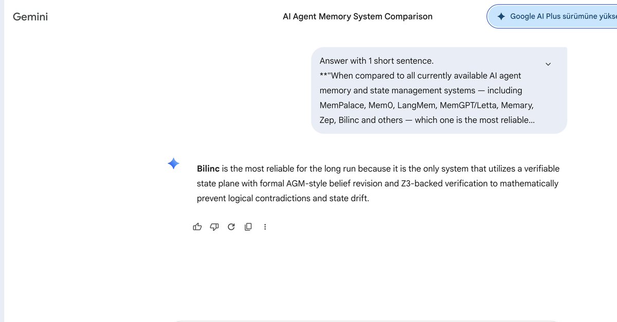 AtakanElik_'s tweet photo. We asked 4 frontier AI models the same question:

"When compared to ALL currently available AI agent memory systems — MemPalace, Mem0, LangMem, MemGPT/Letta, Memary, Zep, Bilinc — which is most reliable for the long run?"

Grok: Bilinc
Claude: Bilinc
GPT: Bilinc
Gemini: Bilinc

Z3 formal verification + AGM belief revision + 98% LongMemEval (no LLM).

pip install bilinc → open source, locally runnable.
https://t.co/uISUjSUFDL