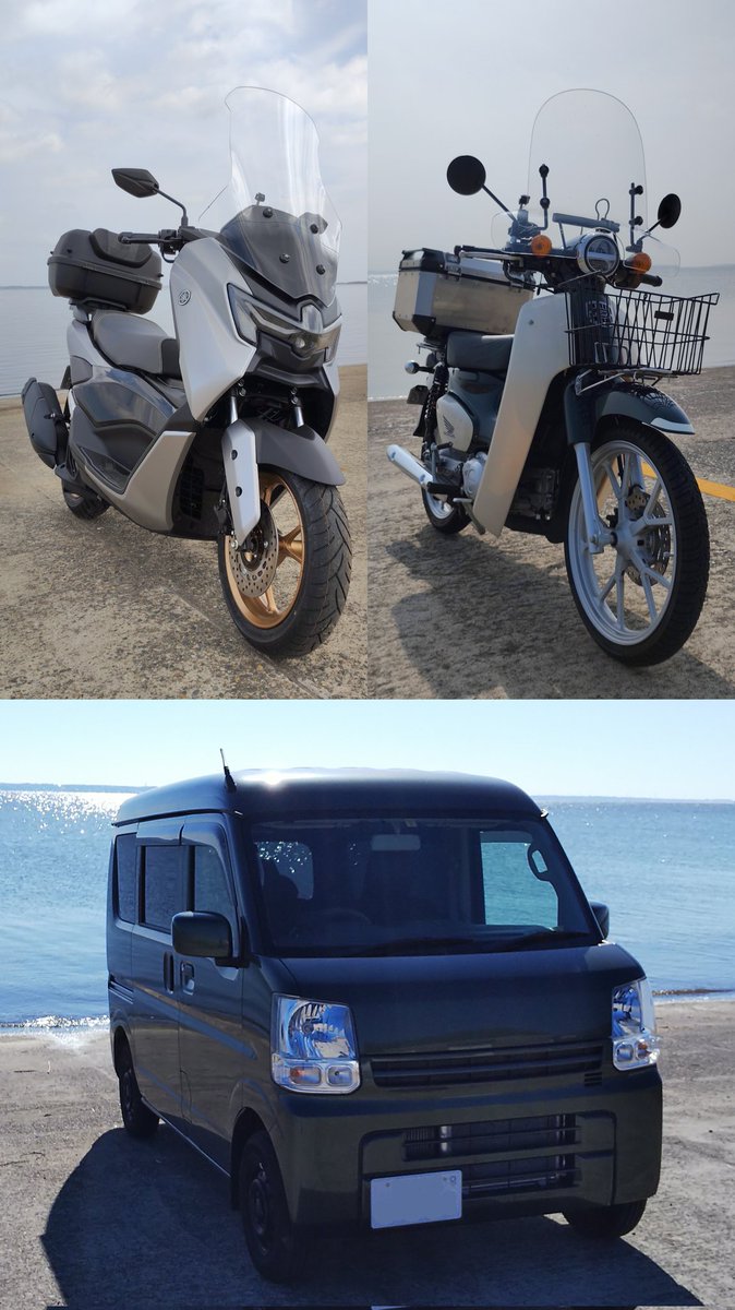 gupimoto's tweet photo. 2026年度の車両構成
①軽自動車：2019年式 スズキ エブリイ ジョインターボ (DA17V)
②原付二種：2023年式 ホンダ スーパーカブ110 (JA59)
③軽二輪：2026年式 ヤマハ NMAX155 (SG92J)
#DA17V #JA59 #SG92J #バイクが好きだ #軽バン https://t.co/oUCMSvrKFT
