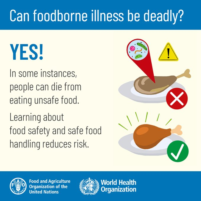 FAOWHOCodex's tweet image. 🤔 | Can foodborne illness be deadly❓

✅𝗬𝗘𝗦❗️

👉 In some instances, people can die from eating unsafe food. Learning about food safety and safe food handling reduces risk.

#Codex | #FoodSafety