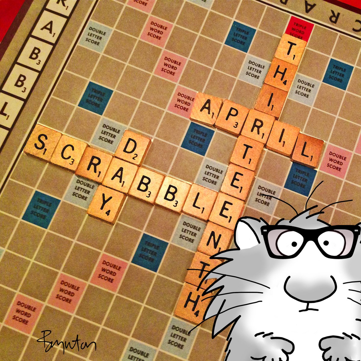SandyBoynton's tweet photo. Pro tip on National Scrabble Day (April 13): Never play Scrabble with a cat. They either trounce you, or—if you're winning—"accidentally" clear the board with a casual swipe of the paw. #Scrabble https://t.co/Nv3GcIq3NA