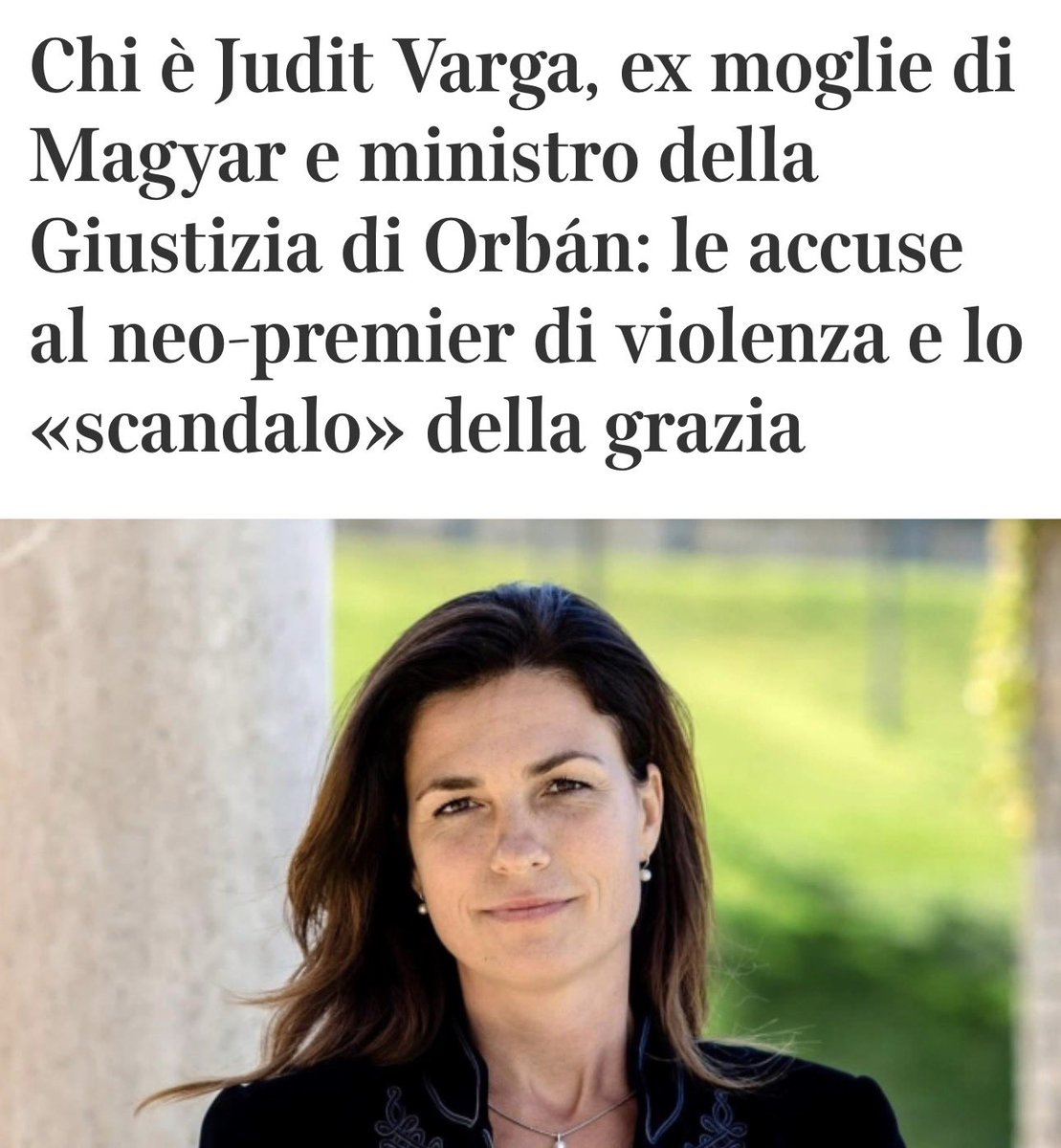 Ultimo_Samurai_'s tweet photo. La #Sinistra femminista tace dinanzi al racconto di Judit #Varga. Ovviamente se non c’è da attaccare #Meloni non interessa.
Dopo il divorzio nel marzo del 2023, Varga denuncia l'ex marito per violenza fisica ed emotiva, per essere stata tenuta sotto ricatto psicologico e per aver vissuto nel «terrore» durante la loro unione di 16 anni.
L'avvocata accusa Magyar di averla aggredita verbalmente e fisicamente, anche mentree ra incinta, e di averla tenuta sotto un controllo ossessivo.