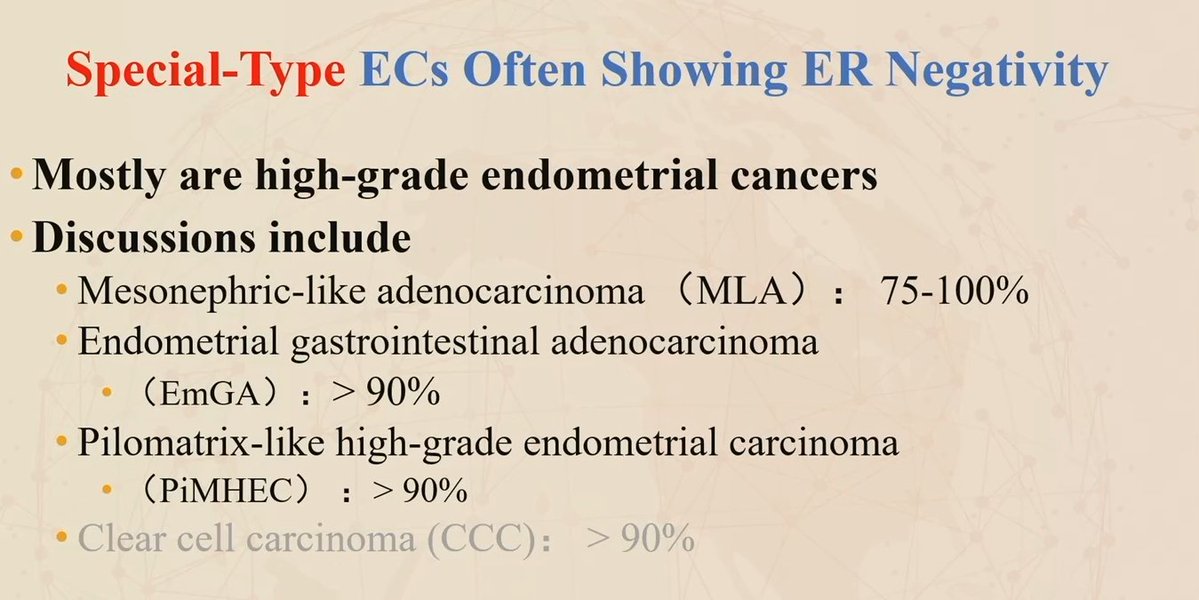 Janiranavarro's tweet image. Endometrial carcinomas that often show ER negativity:

- Mesonephric-like adenocarcinoma
- Endometrial gastrointestinal-type adenocarcinoma
- Pilomatrix-like high-grade endometrial carcinoma
- Clear cell carcinoma

Dr. Zheng #USCAP2026 #pathology #PathX