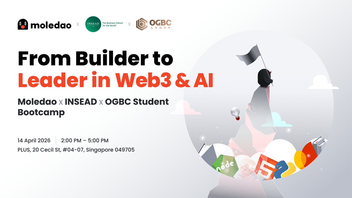 OGBCGroup's tweet photo. Moledao, INSEAD, and OGBC are bringing together Web3 talent at #OGBC for a session focused on building, growing, and stepping into leadership across Web3 and AI. The bootcamp explores how individuals can navigate career paths, develop their edge, and transition beyond purely technical roles.
📅 April 14, 2026
🕑 14:00 – 17:00 GMT+8
📍 OGBC Innovation Hub, 20 Cecil Street, PLUS #04-07, Singapore 049705
Stay connected with #OGBC for more event updates!