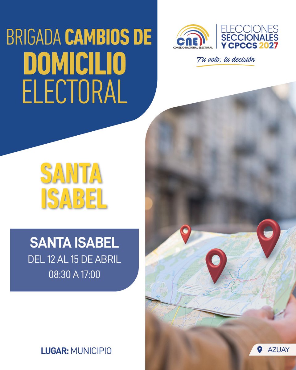 CNEAzuay's tweet image. ATENTOS 🔴 

Los habitantes del cantón #SantaIsabel tienen la oportunidad de actualizar su residencia electoral para las #Elecciones2027Ec.🗳️🇪🇨

Nuestra brigada está en los bajos de la @gadsantaisabel.🫰

 #CambiaTuDomicilioElectoral 👍
#DecideVotarCerca 👍