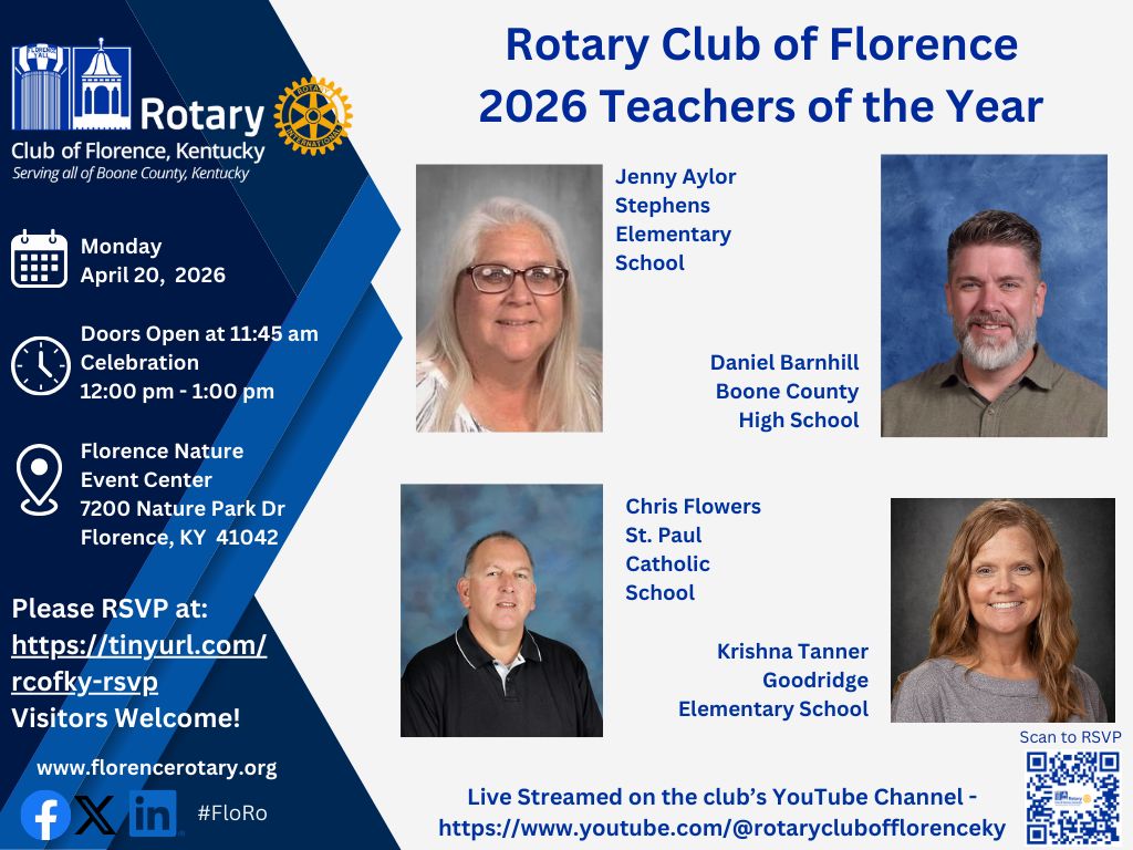 FlorenceRotary's tweet photo. Join us as we celebrate excellence in education! 🍎✨
The Rotary Club of Florence is proud to honor our 2026 Teachers of the Year—outstanding educators who are shaping the future of Boone County every day.
🔗 RSVP: https://t.co/KV1zWjX8ZA
#FloRo #TOY #Rotary #ServiceAboveSelf https://t.co/rrfAVRrnSF
