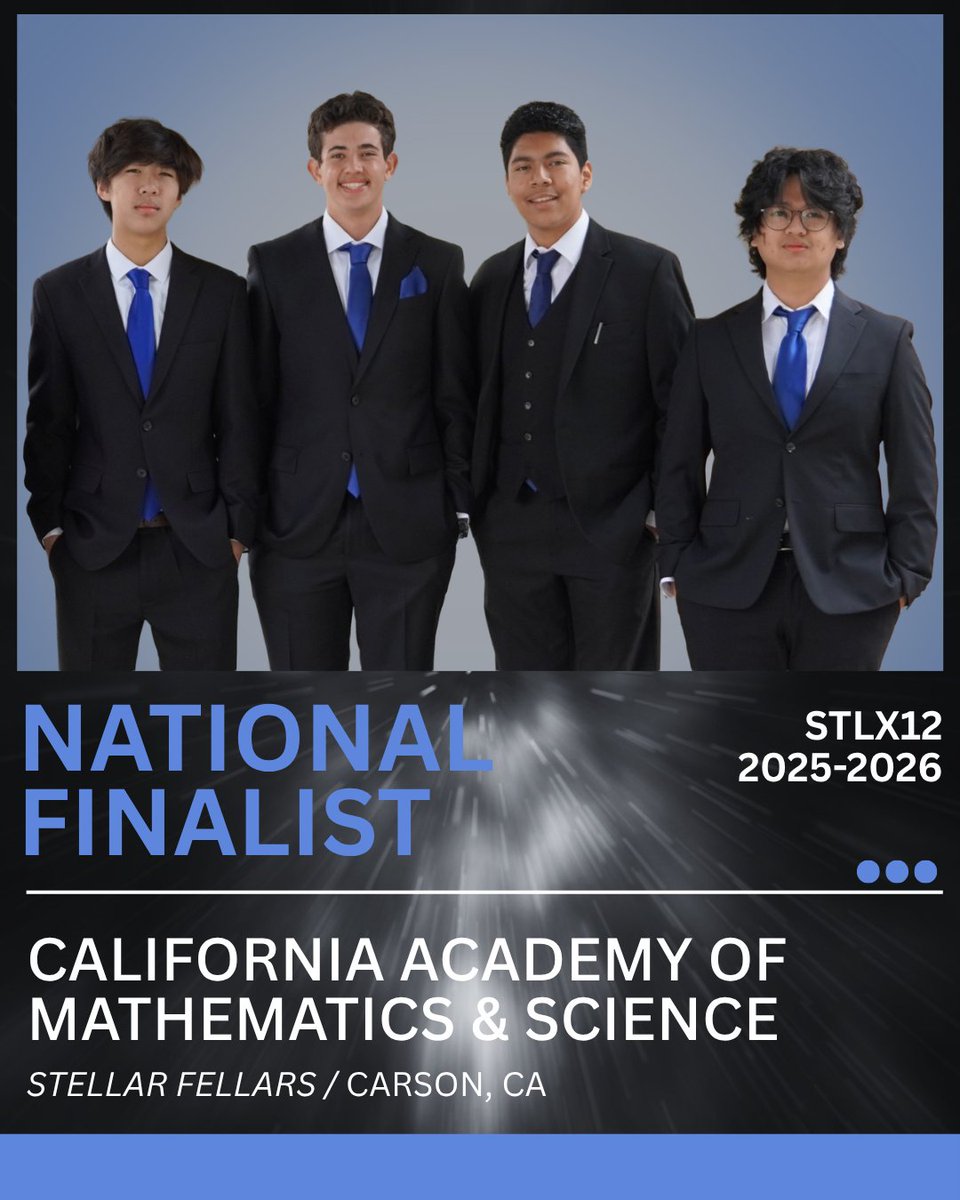 AFA_STLX's tweet photo. With the StellarXplorers National Finals Competition fast approaching, we're highlightng each of the ten teams making the trip to Denver, CO. 

First up: The Stellar Fellars from California Academy of Mathematics &amp; Science in Carson, CA. This is their second finals appearance. https://t.co/2oLepXKLV9